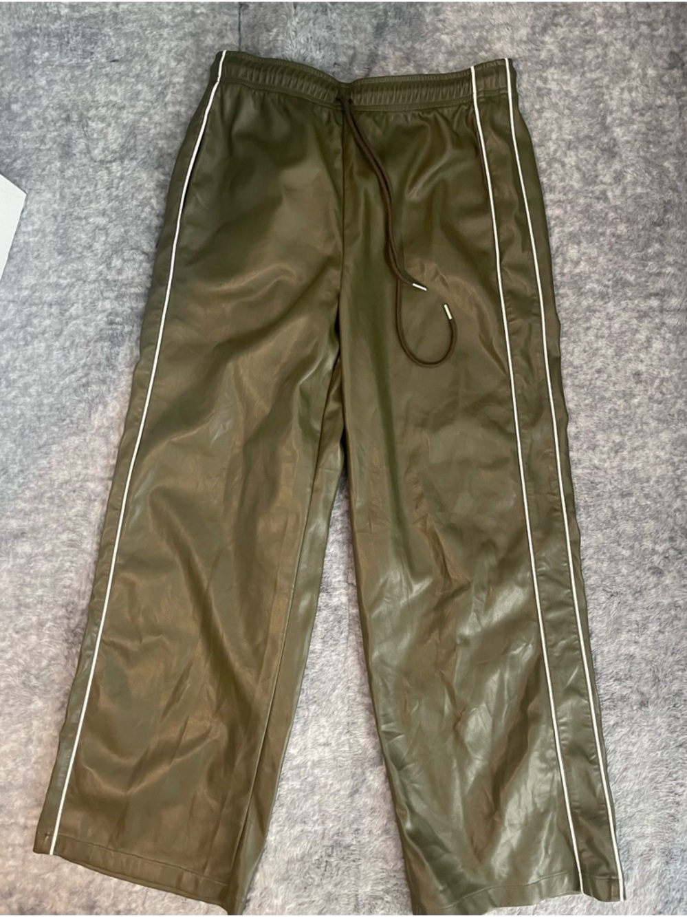 WAYF Olive Green Faux Leather Track Pants with White Piping